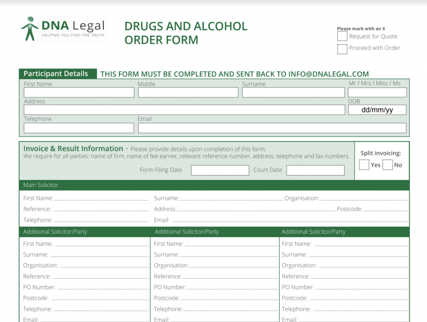 Drugs And Alcohol Testing Order Form DNA Legal